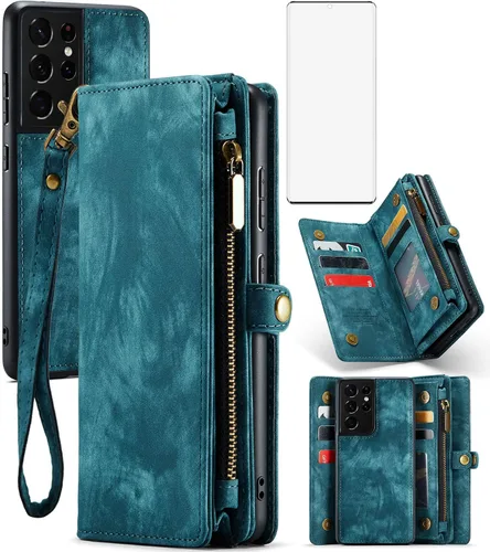 Miniatura 8 de Asuwish Funda de teléfono para Samsung Galaxy S21 Ultra Glaxay S21ultra 5G con cremallera, protector de pantalla de vidrio templado y tarjetero