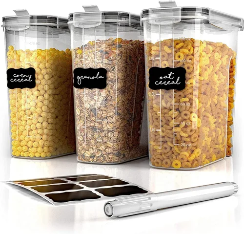 Simply Gourmet Recipientes herméticos para cereales con tapas – Juego de organización de despensa de cocina alto de 3 piezas, plástico transparente