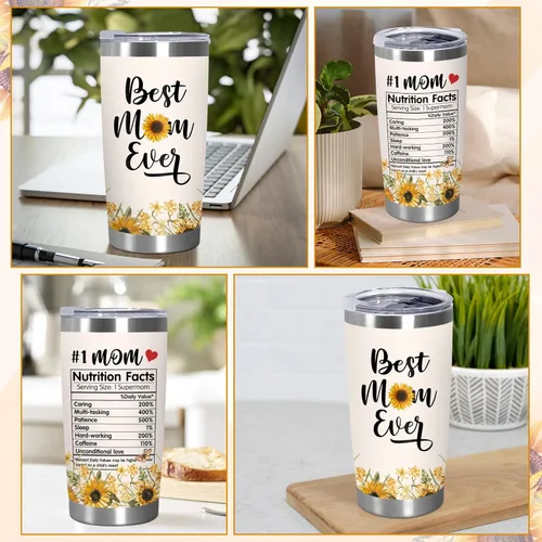 Miniatura 5 de TEEZWONDER Regalos para el Día de la Madre para mamá de hija e hijo, # 1 Información nutricional de girasol, vaso de café aislado de acero