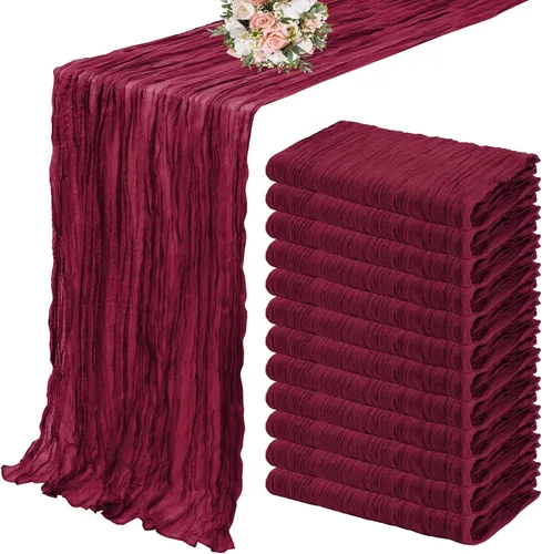 Paquete de 12 caminos de mesa de estopilla 35 x 120 pulgadas de largo, bohemio, tela de queso, gasa, caminos de mesa semi transparentes para Borgoña