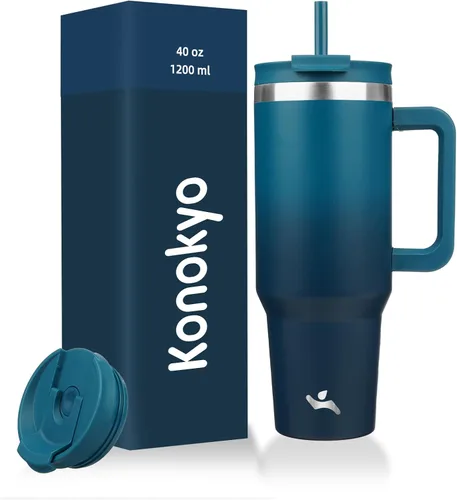 Miniatura 20 de Konokyo - Vaso de 40 onzas con asa y 2 pajillas, botella de agua aislada 2 en 1 con tapa. Taza de viaje de acero inoxidable para café, flores