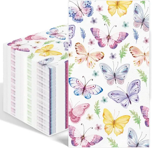 100 servilletas de papel de mariposa, toallas de mano desechables para baño, 3 capas, mariposas y flores coloridas, servilletas de invitados,
