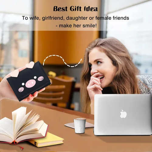 Miniatura 55 de CONISY Lindas carteras para mujer, de cuero con bloqueo RFID, pequeña cartera triple con ventana de identificación para niñas y mujeres
