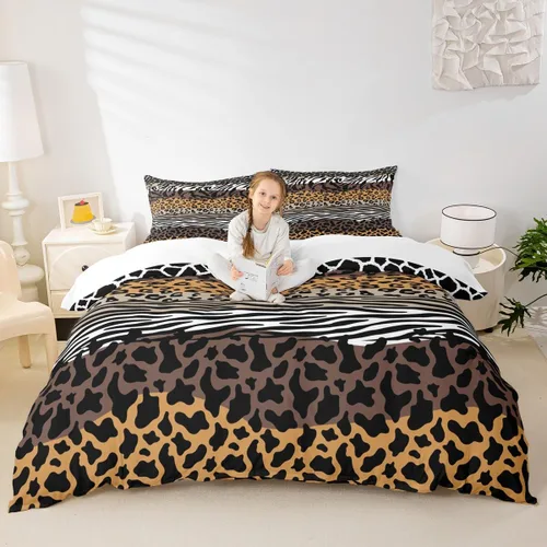 Miniatura 16 de Juego de funda de edredón con estampado de leopardo, tamaño individual, juego de ropa de cama rústica con rayas de piel de cebra, decoración