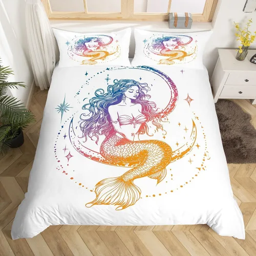 Erosebridal Juego de ropa de cama para niños, juego de funda de edredón de sirena tamaño individual, funda de edredón femenina de escamas de peces