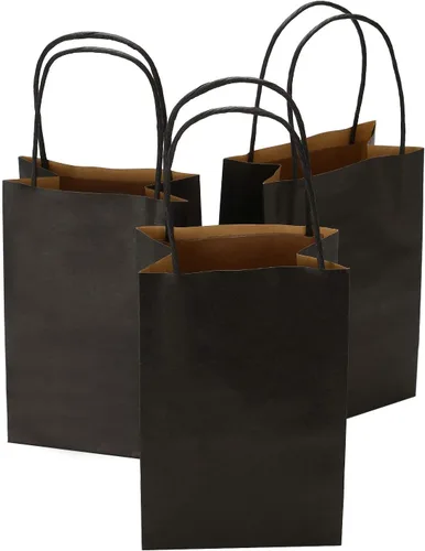 50 bolsas pequeñas de papel kraft negro con asas, bolsas de regalo de 5.25 x 3.75 x 8 pulgadas para recuerdos de fiesta, regalos de boda, regalos de