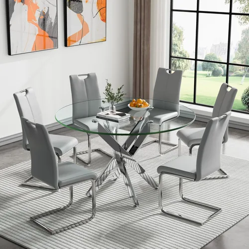 Miniatura 52 de Juego de mesa de comedor redonda de 3 piezas para 2, mesa de cocina moderna de vidrio plateado y sillas para 2 con sillas tapizadas, juego de mesa