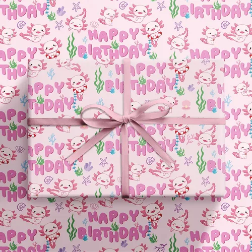 Miniatura 3 de RUSPEPA - Rollo de papel de regalo de cumpleaños para niñas, mini rollo, lindo diseño de ajolote y submarino con texto de feliz cumpleaños