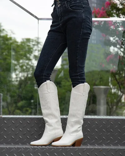 Miniatura 3 de Botas vaqueras para mujer, botas vaqueras bordadas hasta la rodilla para mujer, cómodas y modernas botas de pantorrilla ancha con punta puntiaguda