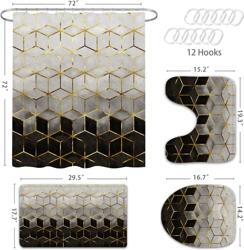Miniatura 6 de Gibelle Juego de 4 cortinas de ducha de baño con alfombras antideslizantes, cubierta para tapa de inodoro y tapete de baño, líneas cúbicas doradas