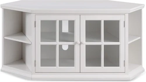 Miniatura 17 de Leick Home 80385 Soporte de TV de esquina de tres puertas de vidrio con plomo con almacenamiento cerrado para televisores de 50 pulgadas, roble