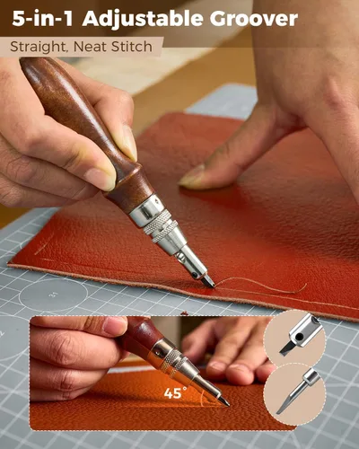 Miniatura 6 de SakerNeo Herramientas de trabajo de cuero, 101 piezas de acero inoxidable y mango de madera, kit de costura con cinceles de costura de 0.157 in
