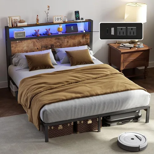 Base de cama tamaño completo con cabecero, estructura de cama de plataforma metálica con luces LED y estación de carga, almacenamiento debajo de la