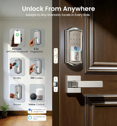 Miniatura 3 de Veise VE027 - Cerradura inteligente Wi-Fi integrada, cerradura de puerta de entrada sin llave de huellas dactilares, control remoto de aplicación
