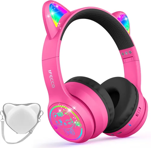 Miniatura 14 de IFECCO Kids Wireless Headphones with Case - Cute LED Light Up Cat Ear,50H Playtime,Safe Volume Limited,Bluetooth 6.0 Kids Girls Headphones for