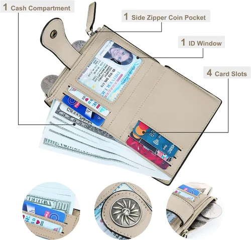 Miniatura 2 de Tipmile - Cartera pequeña para mujer, cartera de cuero con bloqueo RFID, plegable con bolsillo para monedas y con cremallera, Beige, Casual