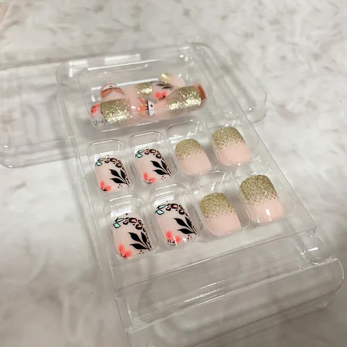 Miniatura 5 de Uñas postizas a presión degradadas con purpurina de longitud corta, uñas postizas en forma de ataúd con diseño de hojas de corazón, 24 uñas postizas