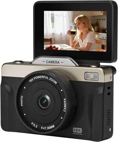 Cámara digital 4K con zoom de 16X antivibración, pantalla LCD de 3 pulgadas, cámara compacta de vlogging de 180° con tarjeta SD de 32G, color negro