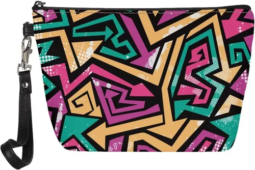 Miniatura 20 de Howilath Abstract Art Cat Cosmetic Pouch for Women PU Leather Toiletry Storage Bag Trapezoid Makeup Bags with Wrist Strap