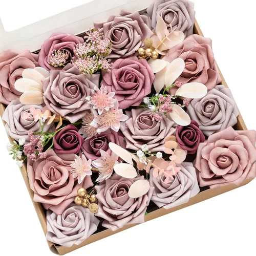 Ling's moment Caja de Flores Falsas, Tallos de Vegetación Artificial Falsa, Rosas de Espuma, Eucalipto de Seda, Flor de Tela para Centros de Mesa,