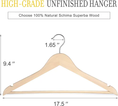 Miniatura 6 de TOPIA HANGER Perchas de madera natural sin terminar, paquete de 18 unidades, gancho giratorio de 360° y muescas de hombro cortadas suavemente