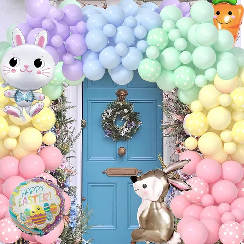 Miniatura 6 de Yumiche Arco de globos de Pascua, arco de globos de primavera, arco Ki con globos pastel, globos de papel de aluminio de conejo y zanahoria