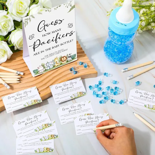 Miniatura 5 de Roowest 512 piezas de juegos de baby shower Adivina cuántos chupetes letrero, 100 pequeños juegos de adivinanzas, 10 lápices HB, botella de leche