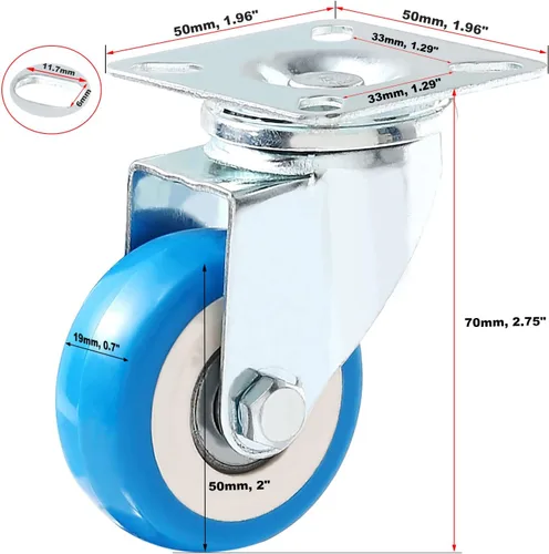 Miniatura 2 de Paquete de 12 ruedas giratorias de poliuretano azul (6 piezas sin freno + 6 piezas con freno)