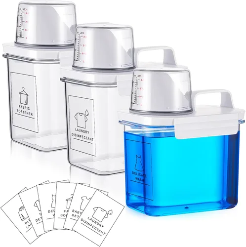 Tatuo Paquete de 3 dispensadores de detergente para ropa sucia, contenedor de líquido transparente de 37 onzas con 6 etiquetas extraíbles,