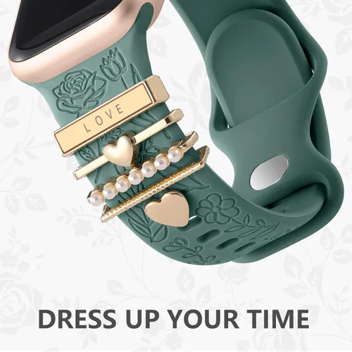 Miniatura 3 de DaQin Banda con Flor Grabada Compatible con Apple Watch, Bandas de 44mm, 42mm, 45mm, 46mm para Mujeres, Correa de Silicona Suave con Decoración