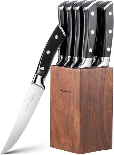Miniatura 8 de OAKSWARE - Juego de 4 cuchillos para carne, no dentados, con mango ergonómico forjado de espiga completa, acero inoxidable alemán de alto carbono