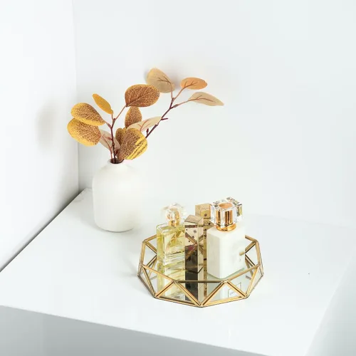 Miniatura 3 de Feyarl Bandeja Pequeña de Cristal Dorado para Perfumes, Organizador de Baratijas y Joyas, Bandeja Decorativa Ornamentada para Vanidad, Cosméticos