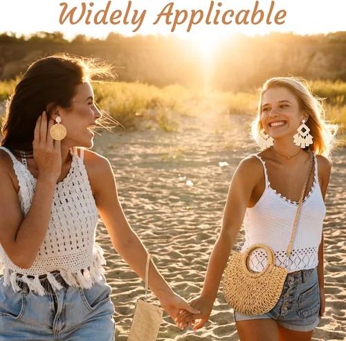Miniatura 3 de Sweetude Bolso de mano de paja para mujer, juego de aretes de ratán, bolsa de paja de verano, playa, bolso bohemio, cartera tejida para vacaciones