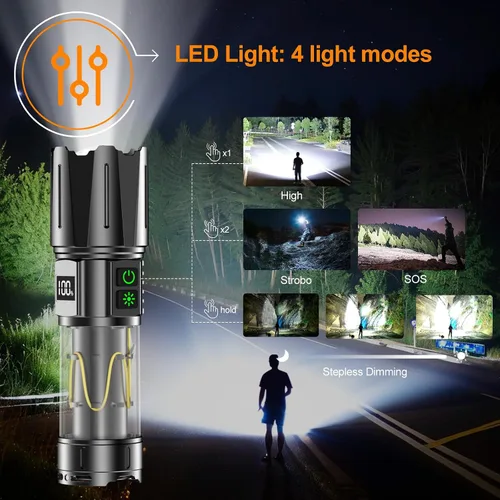 Miniatura 5 de Linterna súper brillante de alto lúmenes 100000 recargable, potente LED de 50 W, larga duración de 30 horas, Daul Bottons 10 modos con luz lateral