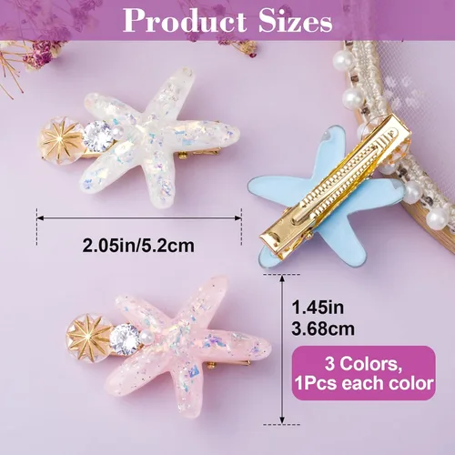 Miniatura 2 de PAGOW 3 pinzas para el cabello con estrella de mar, pinzas para el cabello de cristal, soporte para cola de caballo de estrella de mar, accesorios