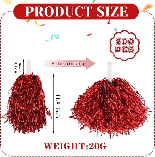 Miniatura 2 de Jerify 120 pompones de animadora de papel metálico a granel con mango de bastón, pompones de plástico para animadoras, flores de mano para Rojo