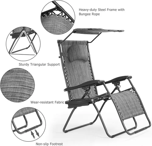 Miniatura 8 de HAPPYGRILL Zero Gravity - Sillón reclinable plegable para patio al aire libre, playa, patio, piscina, gris