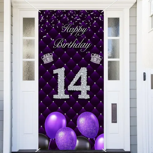 Miniatura 29 de Cartel morado de feliz primer cumpleaños telón de fondo para cabina de fotos, globos de corona plateada, decoración temática para niña, aniversario