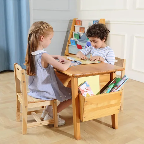 Miniatura 2 de Juego de mesa y 2 sillas de madera maciza para niños con escritorio de almacenamiento y sillas para niños pequeños mesa de actividades