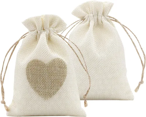 SumDirect Bolsas de arpillera de corazón con cordón – 36 bolsas pequeñas de lino beige de 4 x 6 pulgadas para regalo de boda, baby shower