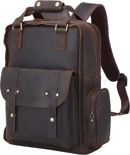 TIDING Mochila de cuero genuino para computadora portátil de 15.6 pulgadas para hombre, mochila informal para universidad, mochila de viaje de