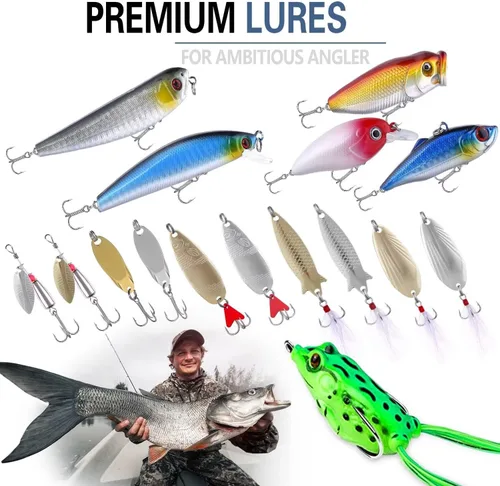 Miniatura 5 de PLUSINNO Señuelos de pesca, cebo que incluye crankbaits, spinnerbaits, gusanos de plástico, plantillas, señuelos de agua superior, caja de aparejos