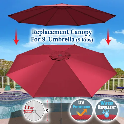 Miniatura 2 de Toldo de repuesto para sombrilla de 9 pies y 8 costillas para patio, color borgoña