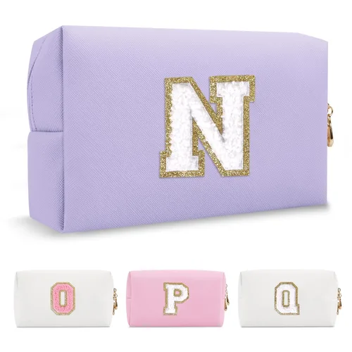 Miniatura 128 de Pequeña bolsa de maquillaje personalizada con inicial A-Z Preppy Patch, bolsa de cosméticos de viaje de felpilla blanca con cremallera, bonita bolsa