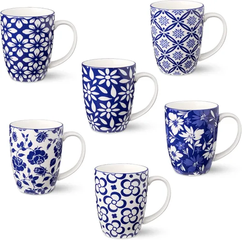 Madison - Juego de 6 tazas de porcelana prémium de 14 onzas, patrones vibrantes azules y blancos para café, té, lattes y cacao caliente