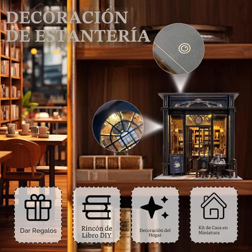 Miniatura 3 de Kit de rincón de libros para cafetería, kit de casa en miniatura con luz LED para adultos y adolescentes, rompecabezas de madera 3D, rincón