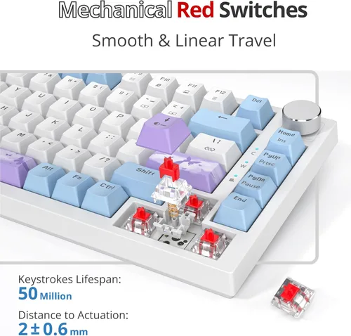 Miniatura 6 de Fogruaden Teclado para juegos con cable, 75 por ciento, intercambiable en caliente, teclado mecánico cremoso de montaje en junta con perilla