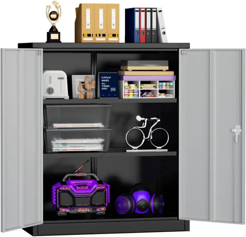 Miniatura 30 de Superday Gabinete de almacenamiento de metal, armarios de almacenamiento de garaje de 72 pulgadas con cerradura, gabinete de metal negro con 2
