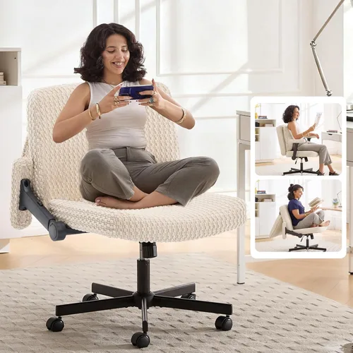 Fizzin Silla Criss Cross, Silla de Piernas Cruzadas con Ruedas y Brazos, Asiento de Oficina de Escritorio de 27 pulgadas de Ancho con Cojín de Beige