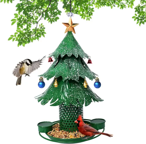 Comederos para pájaros de árbol de Navidad para exteriores, colgantes de metal al aire libre, comederos para pájaros silvestres, cardenal como un